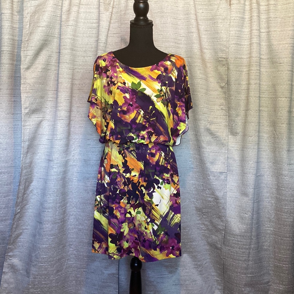 Purple Green Orange flower print dress. Size 10.